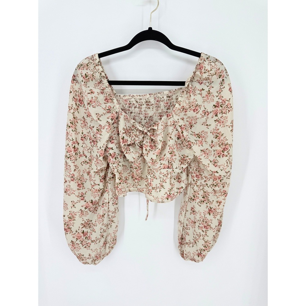 Y2k Coquette Floral Cropped Prairie Tie Front Top Pink Cream L Ren Fair